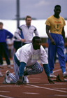 Linford Christie wearing one of his many outfits at the UK Champs, Cardiff, 1990